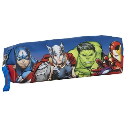 Estojo azul com imagens dos super-heróis Capitão América, Thor, Hulk e Homem de Ferro