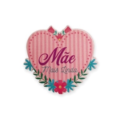 Etiqueta em forma de coração rosa com texto Mãe Mais Linda