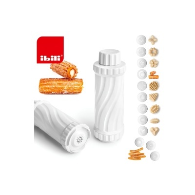 Dispensadores brancos com bocais variados para modelar massa, amostras de churros, logo Ibili vermelho