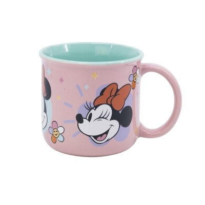 Caneca rosa com imagem da Minnie Mouse e flores