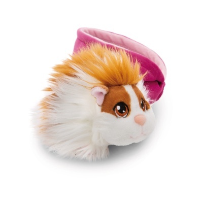 Pantufa infantil em forma de hamster com pelo branco e castanho e lenço rosa