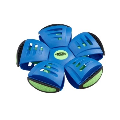 Dispositivo azul em forma de flor com texto nas extremidades e centro