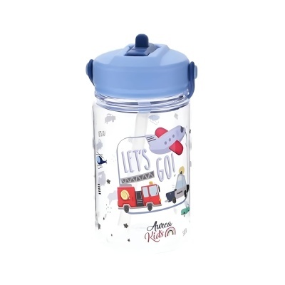 Garrafa infantil transparente com tampa azul e desenhos de veículos e texto LETS GO!