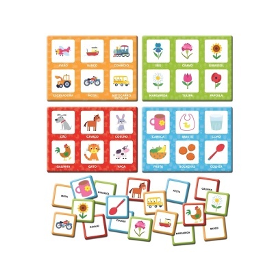 Cartas de jogo da memória com imagens e palavras em português organizadas em grupos por temática