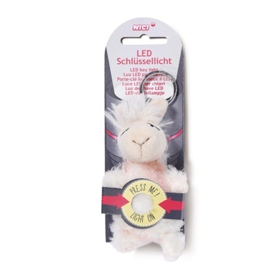 Chaveiro em peluche rosa com LED e embalagem com texto multilingue