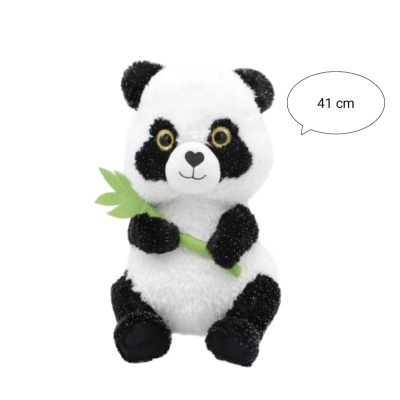 Ursinho de pelúcia panda branco e preto a segurar ramo verde com balão de fala '41 cm'