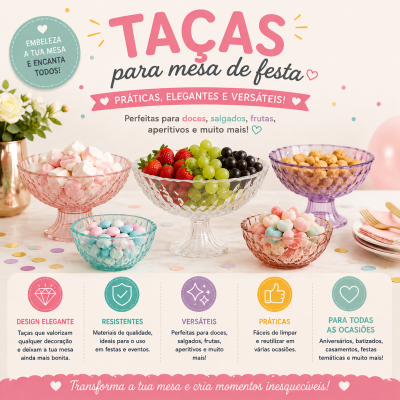Conjunto de taças coloridas para mesa de festa com doces e frutas