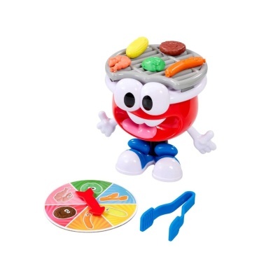 Brinquedo de grelhador com olhos grandes, tabuleiro com alimentos de plástico, spinner colorido e pinças azuis
