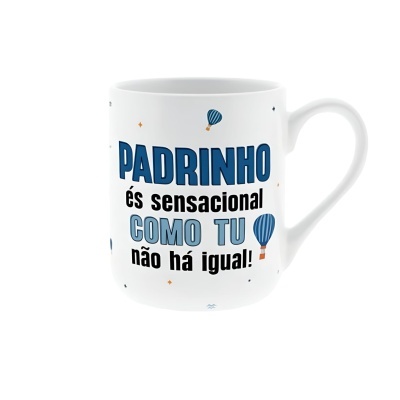 Caneca branca com texto azul e preto e balões azuis