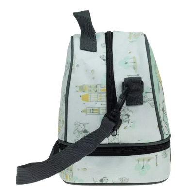 Bolsa saco estampada com alça cinza escuro e fechos pretos