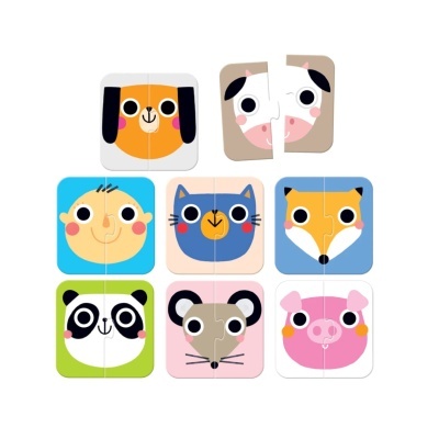 Peças de puzzle infantis com rostos de animais e um humano