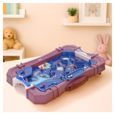 Jogo de pinball infantil portátil em plástico roxo e azul com ilustração de Stitch