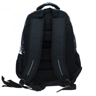 Mochila azul escuro vista de trás com alças acolchoadas e padrão discreto