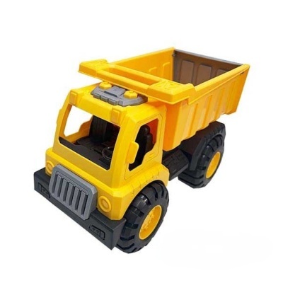 Carrinha de brinquedo amarela tipo camião basculante em fundo branco