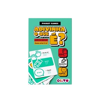 Jogo de cartas ADIVINHA O QUE É? da Olivo em verde com instruções e cartas coloridas