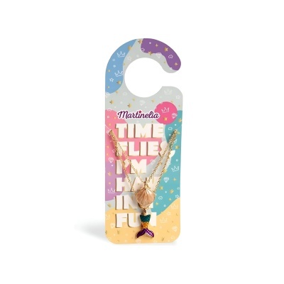 Colar com pendente de concha e cauda de sereia em cartão colorido com texto motivacional