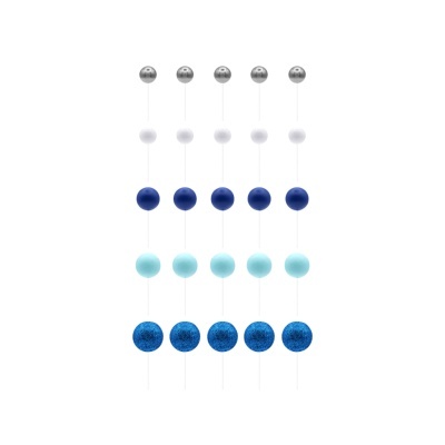 Conjunto de alfinetes com cabeças esféricas coloridas em vários tons de azul, branco e prata