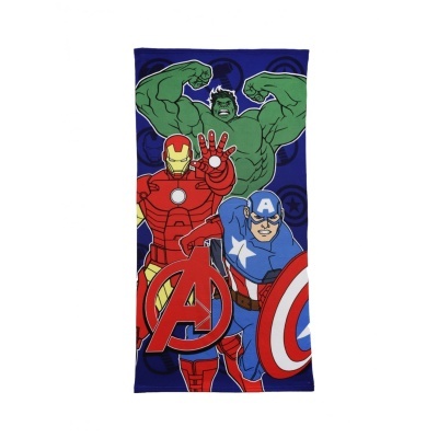Toalha azul com estampa dos Avengers Hulk, Homem de Ferro e Capitão América