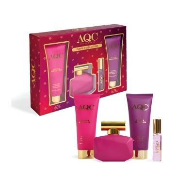 Conjunto de produtos de beleza rosa e roxo AQC com caixa