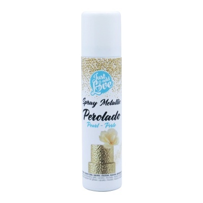 Spray metálico perolado em lata branca com etiqueta decorativa
