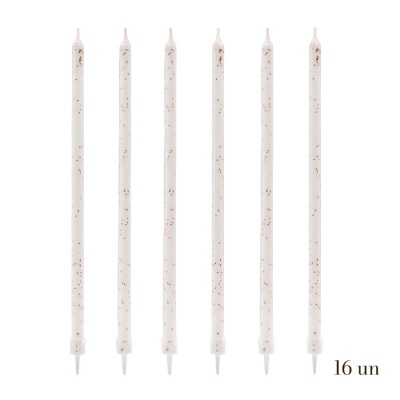 Conjunto de seis velas brancas finas com pontos dourados e suporte plástico, fundo branco, texto 16 un