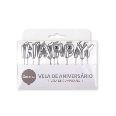 Velas prateadas em forma de letras HAPPY em caixa transparente de Vela de Aniversário Omnific