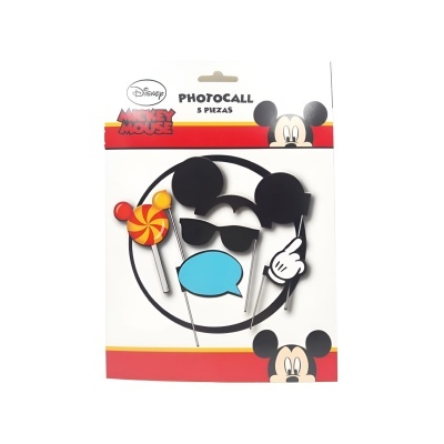 Conjunto de 5 peças para photocall tema Mickey Mouse da Disney, com óculos, orelhas, pirulito e mão branca em embalagem com imagens do Mickey.