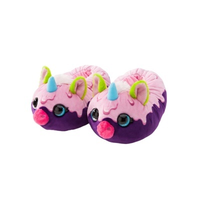 Chinelos de pelúcia em forma de unicórnio cor-de-rosa e roxo