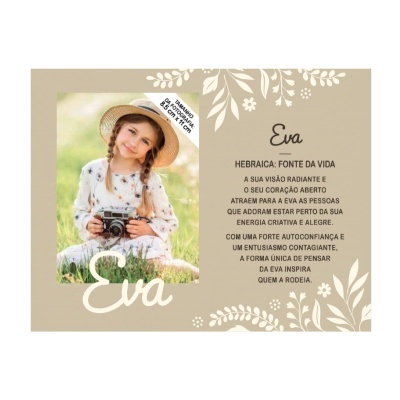 Cartão decorativo com foto de menina e texto em português com o nome Eva