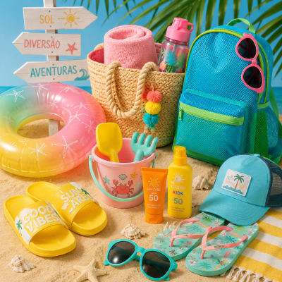 Acessórios de praia coloridos sobre areia com chinelos, mochila, chapéu, creme solar, balde com brinquedos, toalha e bóia inflável
