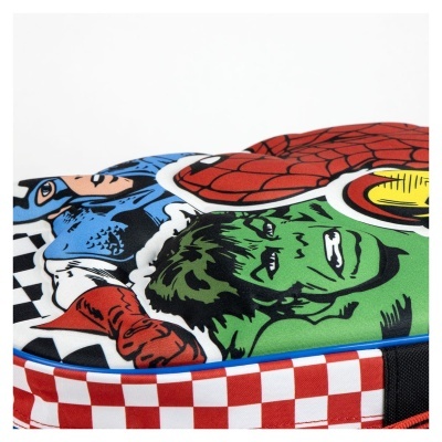 Mala colorida com personagens de banda desenhada e padrão quadriculado vermelho e branco