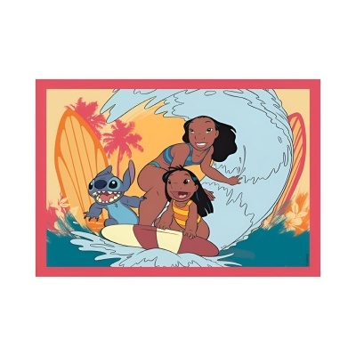 Ilustração de personagens a surfar numa onda com paisagem tropical ao fundo