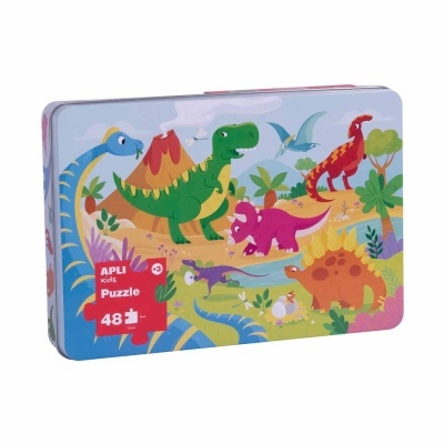Caixa metálica de puzzle infantil com dinossauros coloridos