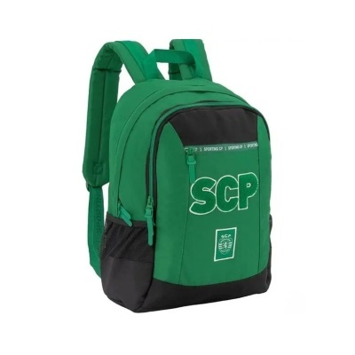 Mochila verde e preta com texto SCP