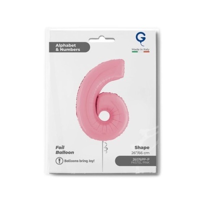 Embalagem de balão rosa pastel em forma do número 6