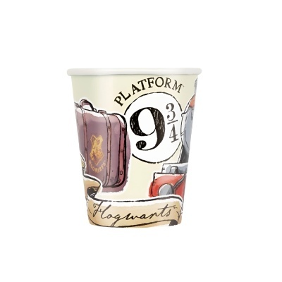 Copo descartável de papel com ilustrações e texto de Harry Potter