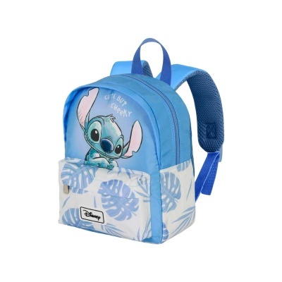 Mochila azul infantil com personagem Stitch e padrão de folhas