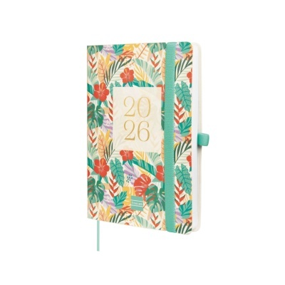 Caderno de capa dura floral com elástico verde e ano 2026 impresso