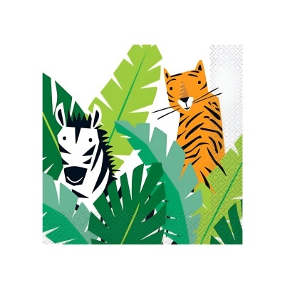 Guardanapo com ilustração de zebra e tigre em ambiente tropical