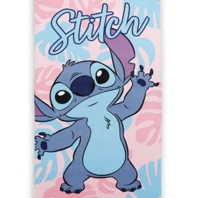Toalha rosa com desenho do Stitch e folhas azuis e rosa