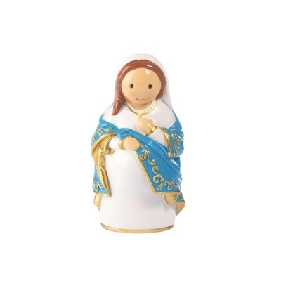 Estatueta de Nossa Senhora em cerâmica com manto azul e vestido branco