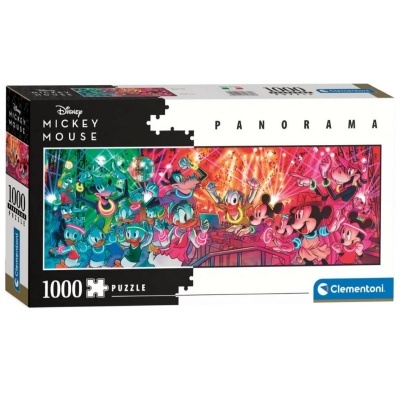 Caixa de puzzle 1000 peças Panorama da Disney Mickey Mouse com personagens coloridos em festa