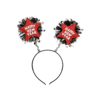 Aro de cabelo com estrelas vermelhas de glitter e inscrição HAPPY NEW YEAR