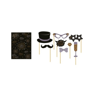 Acessórios de festa com tema de Ano Novo em preto, dourado e cinza