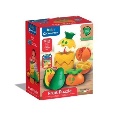 Embalagem de brinquedo Clementoni Fruit Puzzle para bebés com peças de frutas coloridas em plástico reciclado.