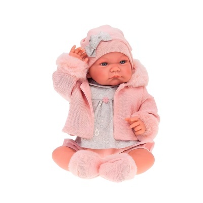 Boneca bebé vestida com roupa cor de rosa sentada