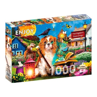 Caixa de quebra-cabeça colorido com cão, esquilo, casa azul e elementos mágicos