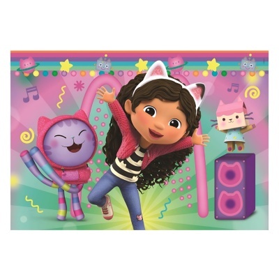 Ilustração de menina com orelhas de gato e personagem roxa com capuz rosa num cenário festivo colorido