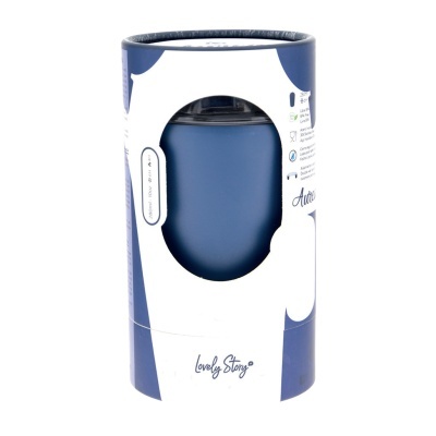 Copo térmico azul em embalagem cilíndrica branca e azul