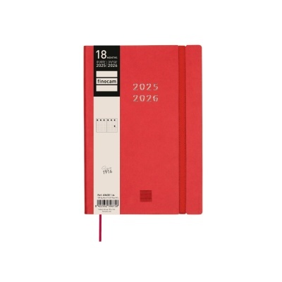 Agenda encadernada vermelha com elástico e texto 2025 2026 na capa